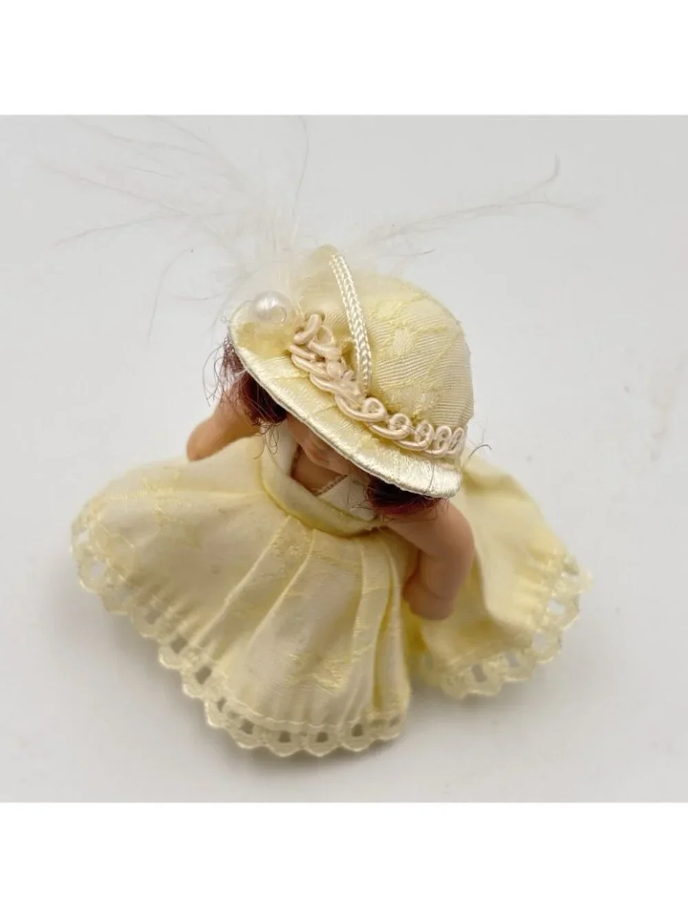 Miniature Porcelain Victorian Doll Christmas Ornament Cream Dress Beaded Hat 2”